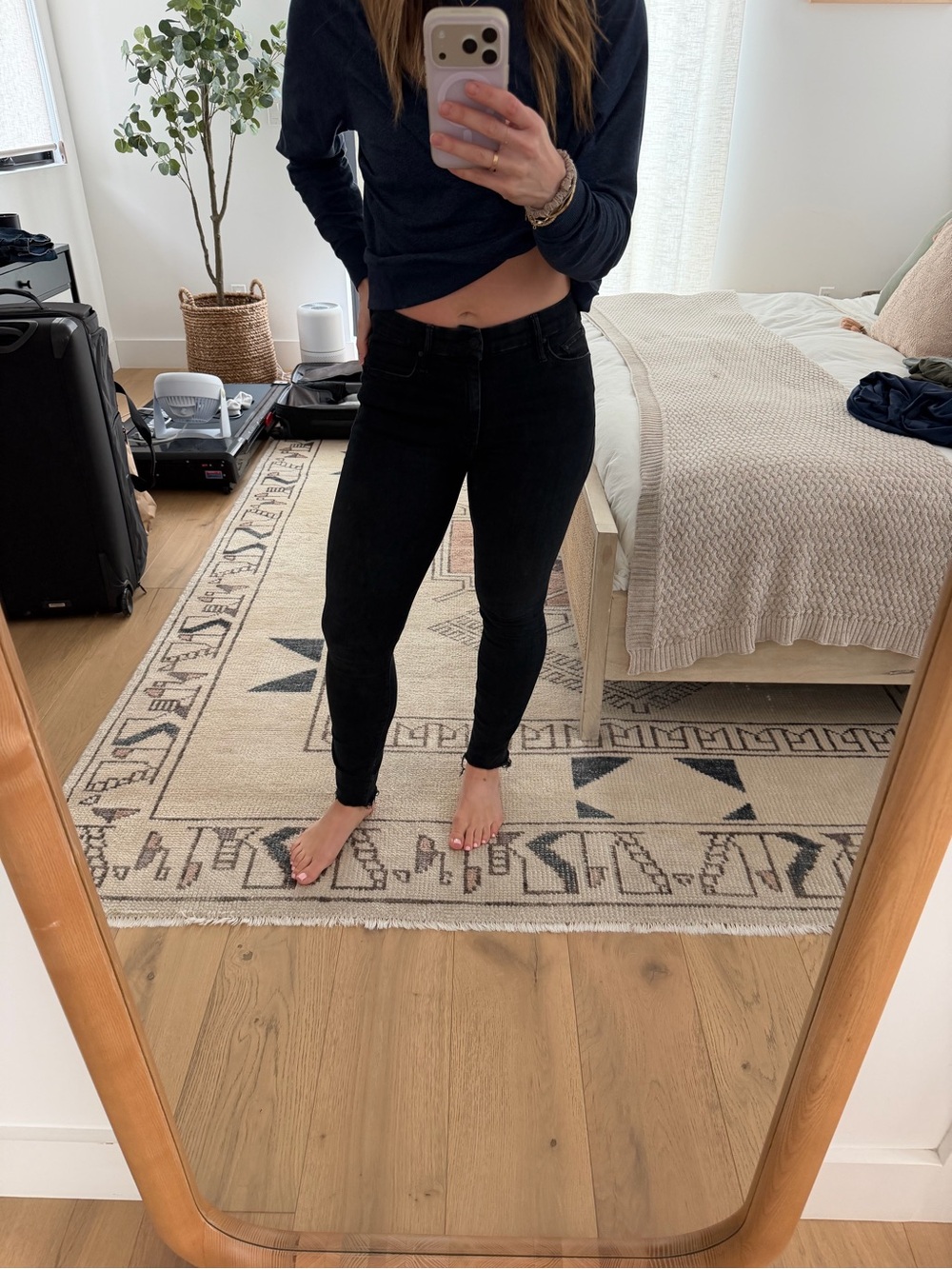 Mother Denim Washed Black Jeans with Distressed Ankle